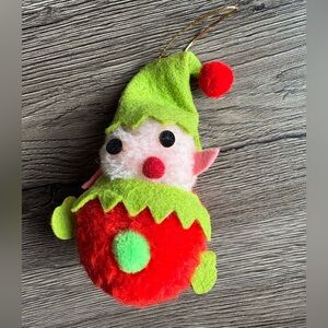 Vintage Festive Elf Christmas Holiday Ornament with Red and Green Pom Pom